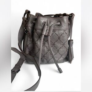 OrYANY Charcoal Gray Leather Crossbody with  Embroidered Design Bucket Bag